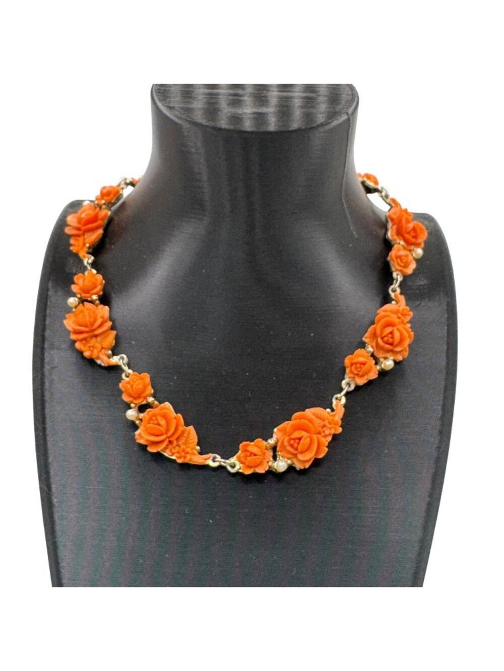 Vtg Celluloid Orange Rose Floral Necklace Faux Pearls Gold-Tone Made Japan 14"